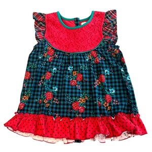 Girls New Matilda Jane Size 6 Vibrant Red Checkered Pattern Floral Design Tunic